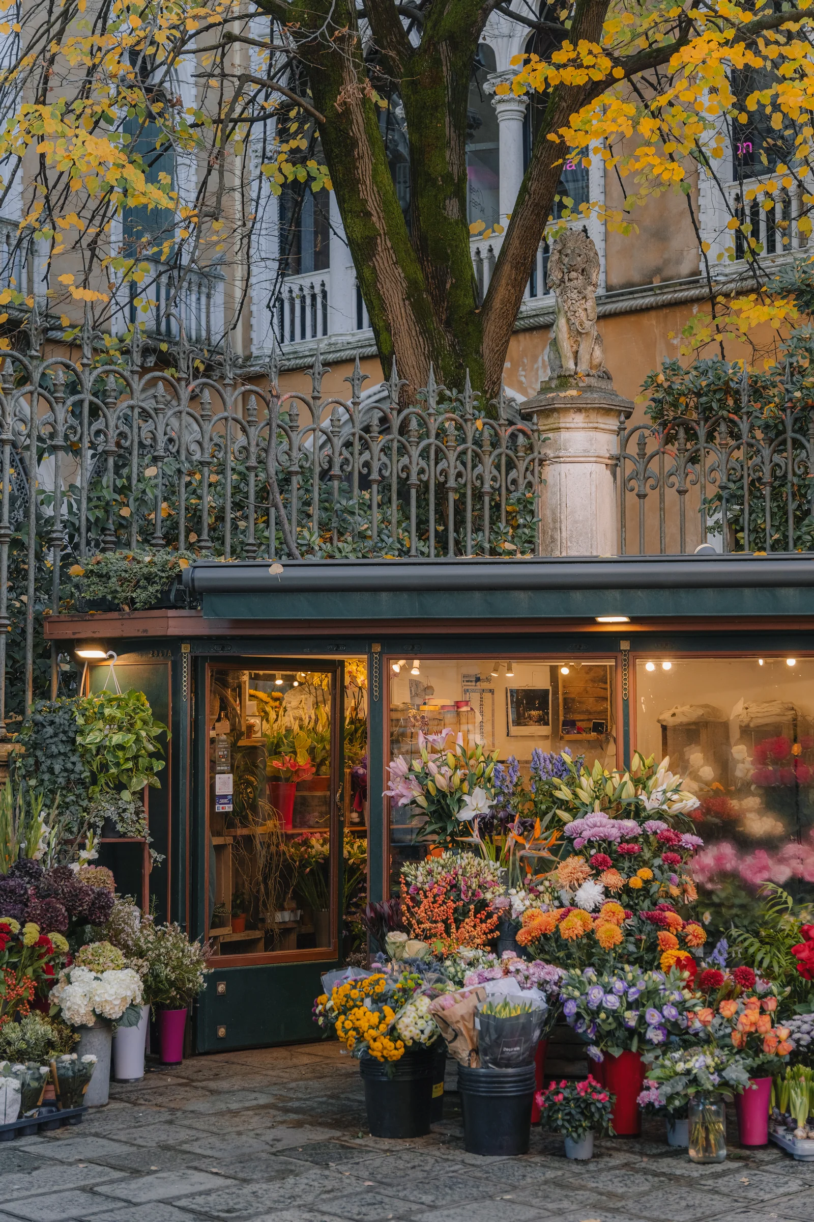 A canalside flower stall glowing under an autumn tree and a wrought-iron railing with a stone lion